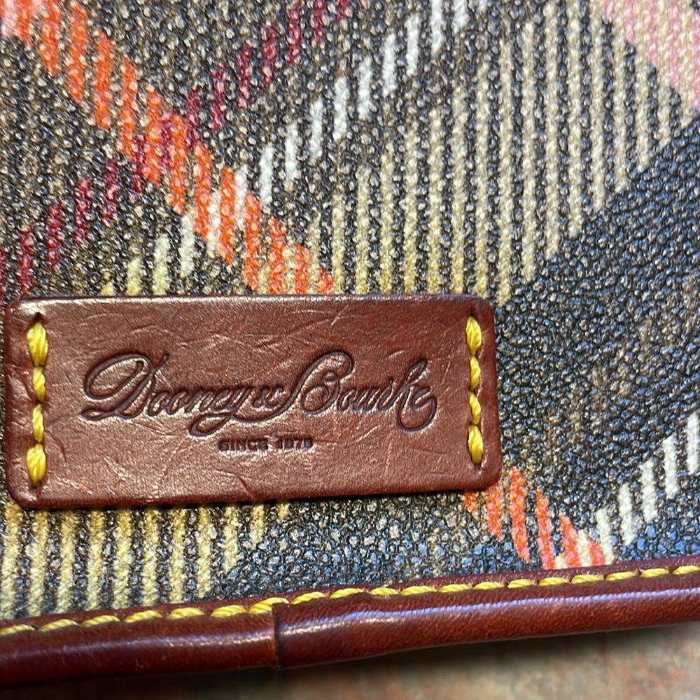 Dooney & Bourke brown plaid wristlet with cognac leather trim and strap. - Picture 6 of 7
